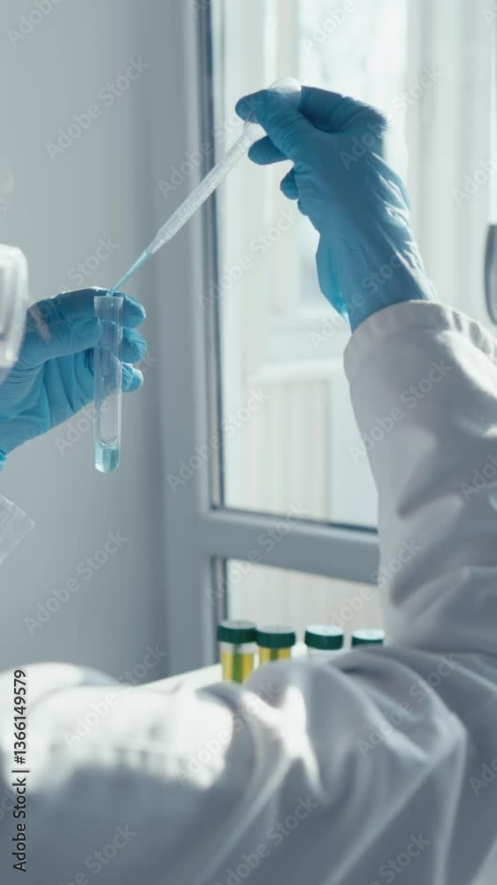 Poster a dedicated scientist in a lab coat and gloves uses a pipette to transfer liquid into a test tube, s
