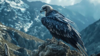Fototapeta premium A bearded vulture with detailed feathers is seen up close in the Pyrenees mountains. Its impressive look and mountain home show how grand it is.