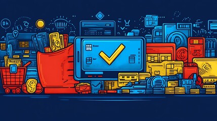 Mobile payment confirmation represented with related commerce and banking imagery