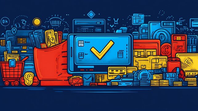 Mobile payment confirmation represented with related commerce and banking imagery