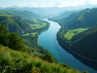 Aerial View of Meandering River Through Lush Green Valleys and Mountains
