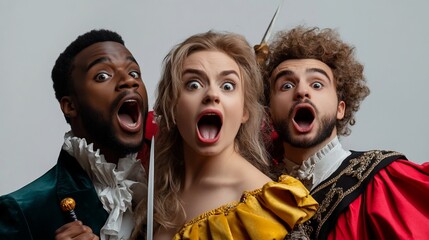 Diverse cast acting dramatic scene with surprised expressions, theatrical flair
