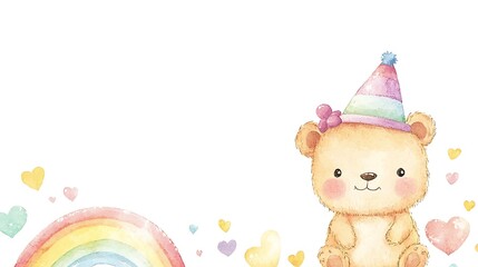 Obraz premium design cute animal wear suite with water color style in white background isolated on white,remain space between border each corner and rainbow and toy and hat and heart 