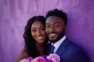 A smiling couple stands against a textured surface, holding a bouquet of flowers. The flowers are various shades of purple. The man wears a suit and tie.