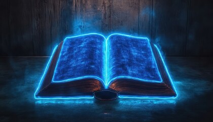 Abstract Glowing Open Book with Circuit Patterns on Dark Textured Surface Creates a Futuristic and Technological Ambiance