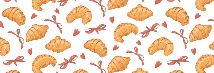 Seamless pattern of french croissant and cute flirty vintage bows. Fresh pastries and coquette decorations, for menu, cafe, bakery, packaging. Coquette vector background of sweet food and bows.