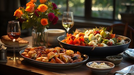 A Delicious Feast:  Gourmet Dinner Party with Roasted Vegetables, Fresh Salad, and Wine