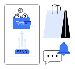 Fototapeta premium Smartphone screen with digital wallet sending currencies, shopping bag, notification bell, and chat bubble. Ideal for e-commerce, finance, mobile payment, digital banking, cryptocurrency