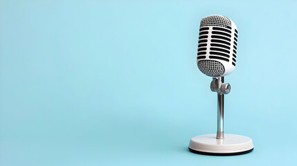 Fototapeta premium Vintage Microphone On Light Blue Background
