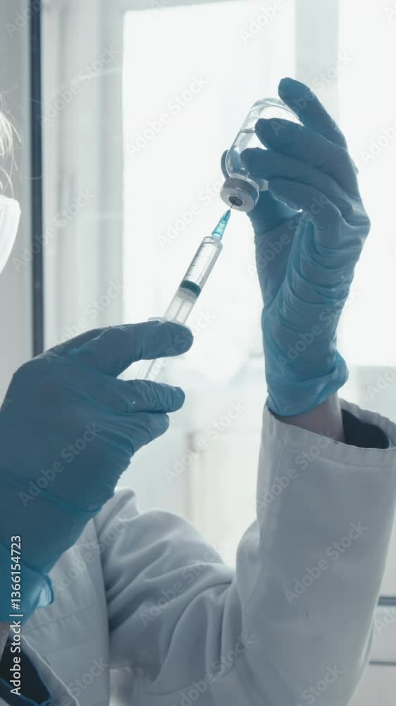 Poster a focused scientist in a white lab coat and blue gloves prepares a vaccine by extracting liquid from