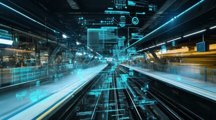 An AI powered system optimizing traffic flow in underground metro systems, metro station with real-time passenger flow data and scheduling optimization, Transportation technology style