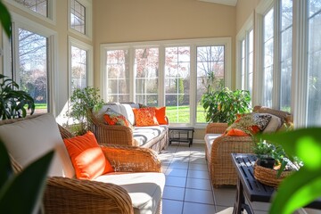 Fototapeta premium Bright and Airy Sunroom Interior with Wicker Furniture Neutral Tones and Orange Accent Pillows Surrounded by Large Windows Overlooking a Lush Garden with Natural Light