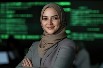 Confident woman in hijab stands in tech environment, illuminated