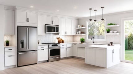 Bright Modern Kitchen Interior with White Cabinets Stainless Steel Appliances and Wood Floors Offering a Clean and Comfortable Domestic Space