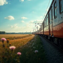 Obraz premium Rustic train traveling through golden fields under a bright blue sky with fluffy clouds