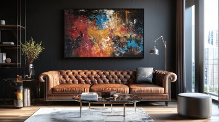 Brown Leather Sofa with Colorful Abstract Art and Black Wall in Modern Living Room Interior Design with Natural Light Through Large Window
