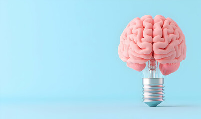 Glowing Brain Hologram with Lamp Design on Blue Background