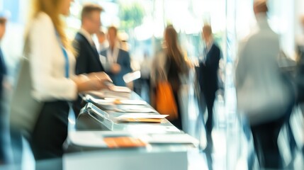 Business professionals register for conference at busy registration desk with staff distributing materials