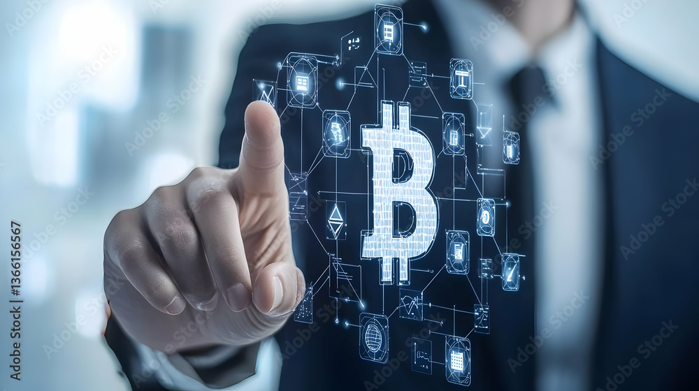 Poster hand pointing at blockchain concept with digital graphics display