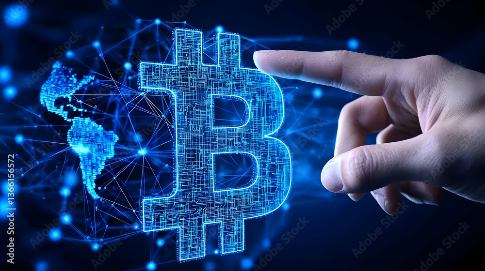 Poster hand pointing at digital blockchain concept with data visualization