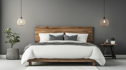 Cozy Bedroom Interior with Wooden Bed Frame White Linens and Decorative Accents Featuring Gray Walls and Natural Light from Window