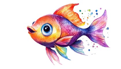 Cute and playful watercolor cartoon fish, isolated on white, with vivid colors and a whimsical character.