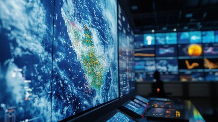 An AI powered system predicting weather patterns for disaster preparedness, meteorological station with real-time weather data and forecasting models, Climate technology style