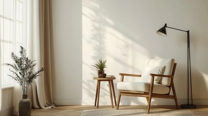 Fototapeta premium Cozy Living Room with Wooden Armchair Near Window with Sunlight and Plant on Small Table in Neutral Color Scheme