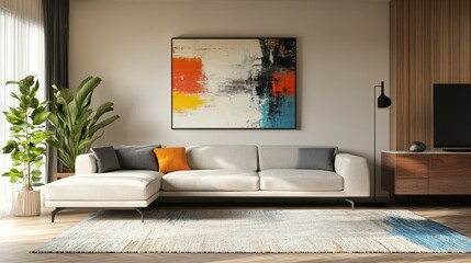 Cozy Modern Living Room with Sectional Sofa Abstract Art and Natural Light Featuring Neutral Tones Gray Pillows Orange Accent Cushion and Decorative Carpet