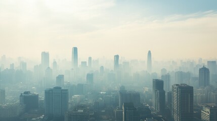 An AI powered system providing real time air quality monitoring in a polluted city, urban skyline with real-time environmental data and pollution management, Environmental monitoring technology style