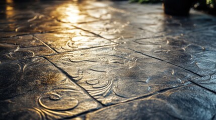 Naklejka premium Detailed Patterned Stone Floor Tiles Shimmering With Moisture Elegant Decorative Surface Featuring Floral Designs in Soft Light and Natural Textures Outdoor