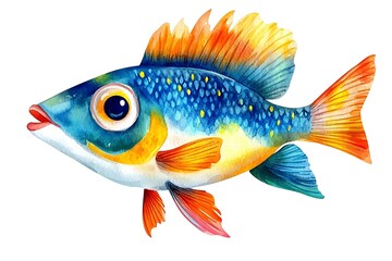 Cute cartoon fish in watercolor style, isolated on white, with a lively design and vibrant colors.