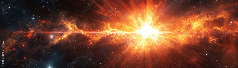 Poster Dramatic Galaxy Starfield in Deep Space with Exploding Orange Nebula Light Cosmic Dust Clouds and Glittering Star Clusters on Black Background
