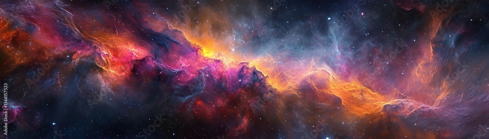 Poster Dramatic Nebula Clouds and Starfield In Deep Space with Blue Orange and Pink Hues Creating A Cosmic Background with Celestial Light and Shadow For Science Enthusiasts