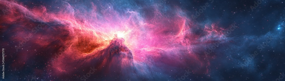 Poster dramatic nebula cloudscape with vibrant pink and blue hues amidst starry field a cosmic symphony of 