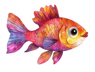 Cute cartoon fish in watercolor style, isolated on white background, with bright hues and a charming, whimsical look.