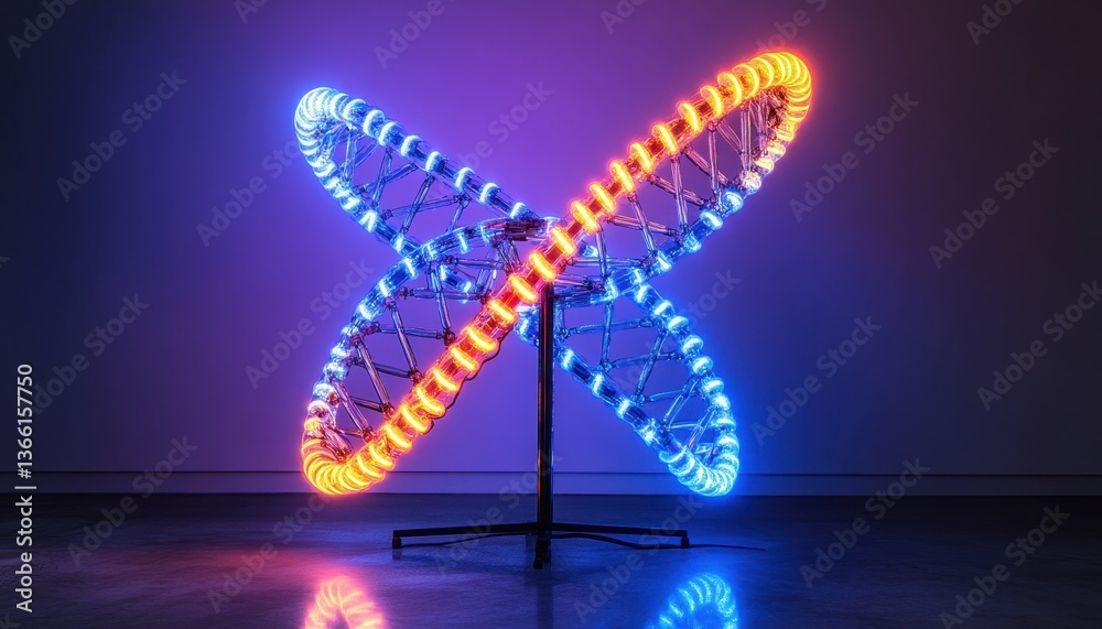 Fototapete dynamic x shape led sculpture with red and blue illumination on dark background modern geometric art