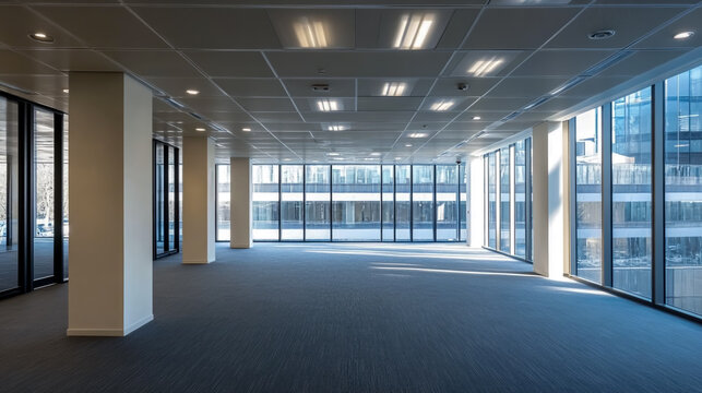 Empty office space for rent commercial real estate with large windows and modern interior design layout