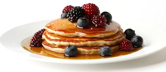 Delicious pancakes topped with berries and syrup, shown against a pristine white background, captured in high-definition detail.