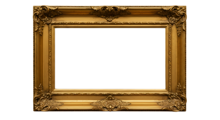 Antique Gold Ornate Rectangular Picture Frame Isolated on a Transparent Background