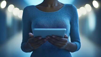 Woman holding a tablet in a blurry blue tunnel environment
