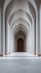 Fototapeta premium Architectural archway hall with wooden door and white column structure