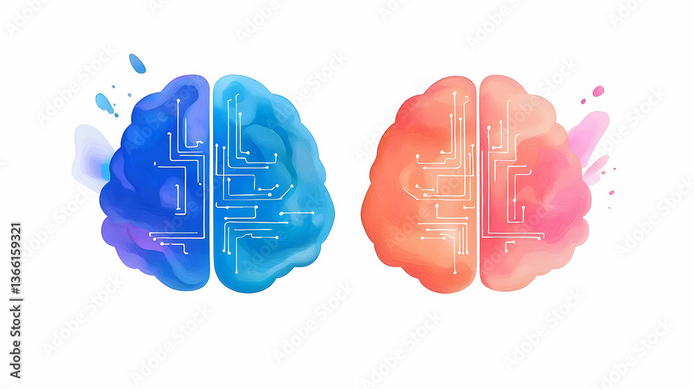 Poster abstract digital illustration of a split brain with circuit patterns