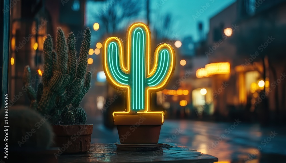 Aufkleber Glowing Neon Cactus Sign Displayed on a Table in Urban City Night Scene with Blurred Background of Building and Street Lights Creating a Vibrant and Inviting Atmosphere