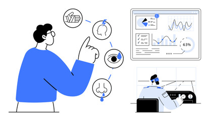 Person pointing at sensory processes and data insights, connected to analytics dashboard. Ideal for technology, data science, research, education, health, decision-making, flat simple metaphor