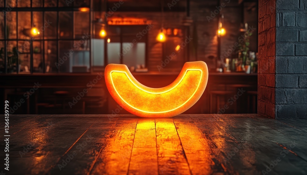Poster glowing orange neon crescent shape sign illuminating an empty bar interior with dark wooden table an