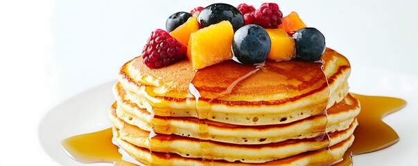 Delicious stack of pancakes with colorful fruit and syrup, displayed on a bright white background, in high-resolution clarity.