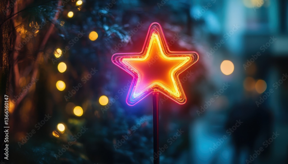 Poster glowing star light decoration on a christmas tree with blurred bokeh background in evening creates a