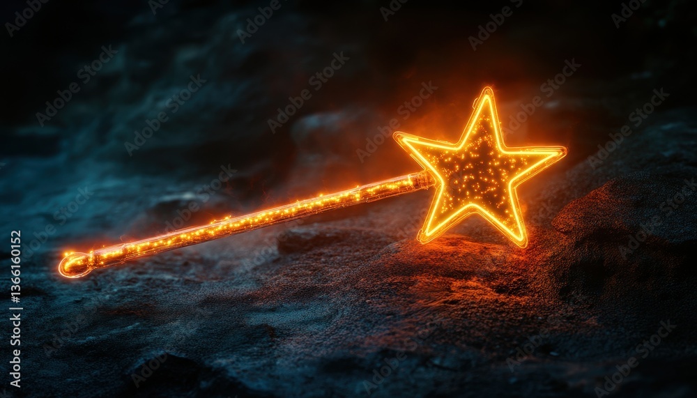 Poster glowing star wand on a textured surface under dim lighting and magic sparkle with star shaped head a