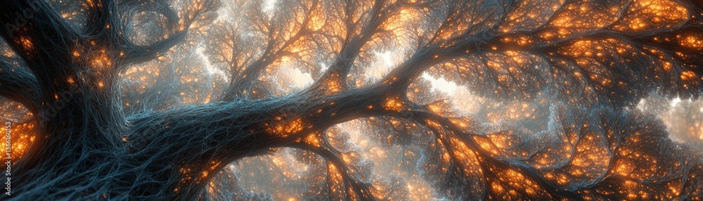 Poster Glowing Tree Branches Against a Celestial Sky with Golden Light Creating an Abstract Dreamy Background for a Magical and Mystical Experience of Nature's Connection